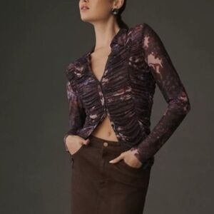 NWT PILCRO Purple Ruched Long Sleeve Mandarin Collar Floral Blouse Women’s Sz L